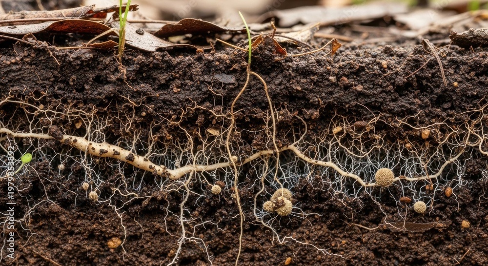 Cross-section of soil revealing intricate plant root system and fungal ...