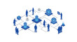 © Ubay - An isometric vector illustration depicting a connected network of human silhouettes interacting with various artificial intelligence nodes and data.