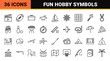 © PixeloAI - Recreation and leisure activity icons in minimalist outline style.