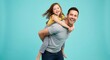 © By Felis - Cheerful Father Giving Piggyback Ride to His Cute Little Daughter Isolated on Turquoise Background for Father's Day Concept