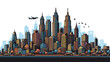 © Chuma - Vibrant urban cityscape featuring a dense cluster of colorful skyscrapers, a highway with cars, and an airplane flying through the sky.