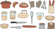 © Kanon Islam - Homemade sourdough bread baking process with kitchen tools flour jars and fresh baguette hand drawn vector illustration doodle art and icon set