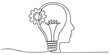 © Gerish - Continuous one line drawing of man  head  with lightbulb with gears as line drawing on white background. Vector, Continuous one line drawing human head with bulb and gears inside. Outline contour pro.