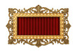 © PNG Lab - Gold ornate baroque marquee frame with red curtain isolated. Theater stage mockup.