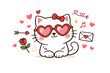 © Usman - Cute Hand Drawn White Cat Doodle Wearing Heart Shaped Sunglasses for Valentine's Day, Romantic Kitten Illustration with Rose, Love Letter, Hearts, and Arrow, Kawaii Pet Vector Graphic Design