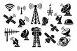 © Khalid - Vector set of wireless antennas, radio towers, radar, and satellite dishes. Black telecommunication and communication technology icons for network, internet, broadcast, signal, and global data.
