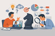 © Sheraz - Business Strategy and Online Learning Concept with Professionals Collaborating on Problem Solving, Analysis, and Critical Thinking via Video Conference with Chess Knight and Data Visualization.
