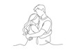 © Talha - Unbroken Contour Sketch of an Amorous Pair Locked in a Tender Squeeze. Stark Minimalist Pen Rendering of Intimacy and Devotion, Ideal for Sentimental Occasions and Matrimonial Themes.