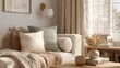 © Interiors and Design - Cozy living room with a beige sofa in the center. the sofa is covered with a throw blanket and several throw pillows in different colors and patterns.