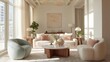 © Interiors and Design - Modern living room with a large window on the left side. the window has white curtains that let in natural light and offers a view of the city.