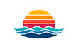 © cornelia - Retro Sunset and Ocean Waves Silhouette Vector Illustration, Bright Vintage 80s and 90s Style Summer Logo or Icon Isolated on White Background, Colorful Gradient Sun and Sea Design Element.