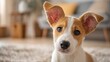 © Olena - Cheerful puppy sitting indoors, attentive listening pose, large open space for banner copy