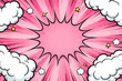 © wanda - Retro Pink Comic Book Style Background with Central Explosion Burst, Fluffy White Clouds, Yellow Stars and Halftone Dot Pattern, Pop Art Vector Illustration for Action and Superhero Themes