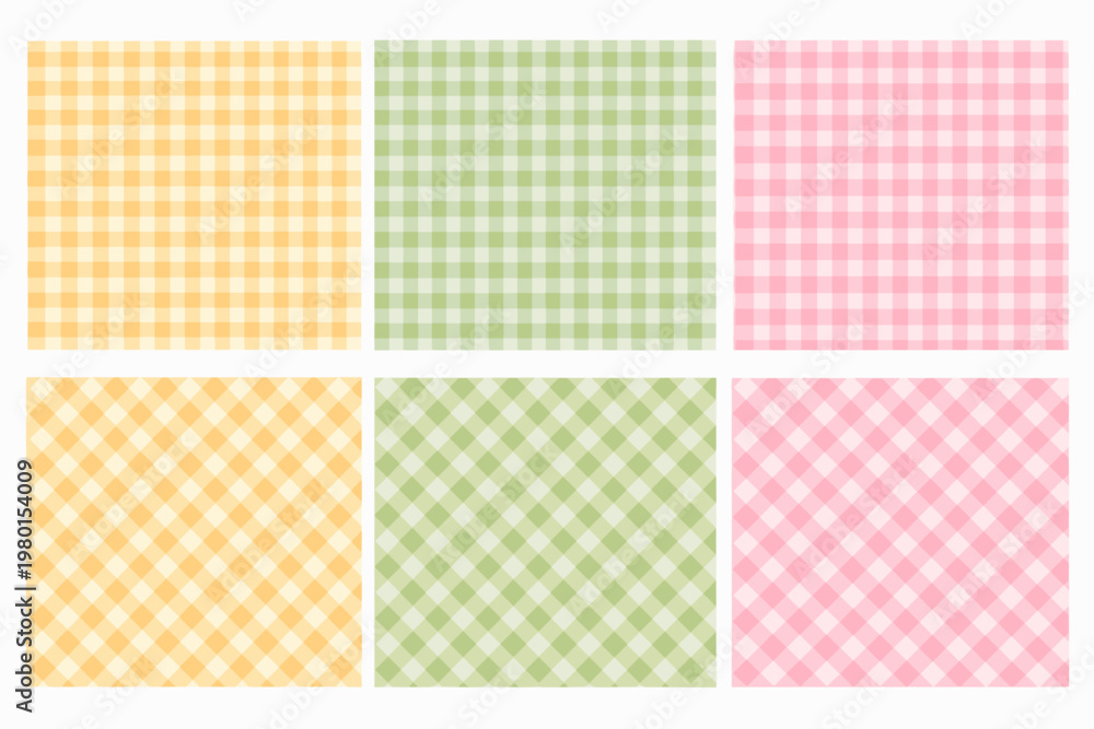Vector Set of Cute Gingham Check Patterns in Pastel Yellow, Green, and ...