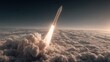 © The Little Hut - Rocket Launching Above Clouds at Sunrise, Blasting Off into Space with Fiery Exhaust and Dramatic Sky