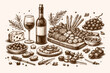 © Kayden - Vintage Hand-Drawn Wine and Appetizers Sketch Featuring a Wine Bottle, Glass, Cheese, Olives, Grapes, and Charcuterie Board in Monochrome Engraving Style for Retro Poster and Wall Art Decor