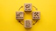 © Vectscape - Wooden blocks representing a business development cycle with icons for planning building testing and reviewing progress on a vibrant yellow studio background
