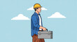 © pono - Construction worker in hard hat carrying toolbox.