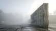 © miyui_283 - 朝霧に包まれたミニマルなコンクリート壁。洗練された建築的背景素材。文字入れに適した広いコピースペースがあるモダンな都市空間。16:9。