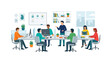 © Hill-man - Modern Office Workspace Illustration with Diverse Professional Team Collaborating on Projects, Startup Business Environment and Corporate Coworking Scene
