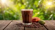 © vxnaghiyev - Tasty chocolate drink accompanied by fresh cacao pods and cocoa beans on wooden surface framed by vibrant green foliage in radiant outdoor atmosphere