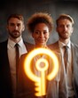 © grey - Diverse business team of three professionals standing in boardroom with glowing key icon