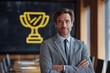 © grey - Confident businessman standing in boardroom with trophy icon on screen behind