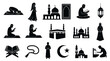 © Muamanah - Islam Religion Icons Set. Black and White Glyph Silhouettes of Worship, Mosques, and Symbols.
