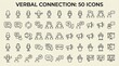 © Aliyan - Minimalist line icons arranged in rows, representing verbal communication: microphones, speech bubbles, megaphones, translators, podiums, people talking, and presentation boards, emphasizing dialogue
