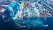 © Yellow Boat - Futuristic container cargo ship terminal AI integrated artificial intelligence digital network systems. Conceptual global logistics featuring satellite communication, secure data management