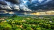 © ทองขาร พอใจ - A photo of dark clouds gathering over Madurai, rain approaching the city, greenery thriving in the foreground, towering trees, lush vegetation, misty