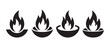 © NadimStoker - Black Flame Icons Set. in Bowls on White Background, Representing Heat or Energy.