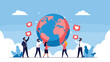 © Rimi - Group of diverse business people working together to support a giant globe surrounded by red heart icons for global social media awareness.