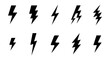 © Sujon - Lightning bolt icon set, 10 black electric flash symbols, thunderbolt vector elements for energy and power branding, minimalist storm weather signs