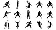 © Jim - Basketball player silhouettes set, 15 black vector icons of athletes playing ball, professional basketball action poses for sports graphic design
