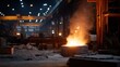 © Aliaksandr - Molten metal being poured from a furnace in an industrial foundry with glowing sparks and smoke, illuminated by overhead lights and machinery in the background