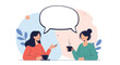 © Mostofa - Two happy women talking and drinking coffee, with a large empty speech bubble, symbolizing friendly conversation and communication.