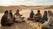 © peppastocker - A quiet desert setting where a teacher explains ideas to listeners on sand, simple garments and relaxed postures, gentle wind shaping the dunes, composition focused on