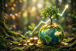 © ATIKUL ISLAM - Small tree sprouts from earth globe covered in coins, growth chart shows global financial progress, eco concept