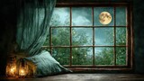 Moon view through window with old lamps at night