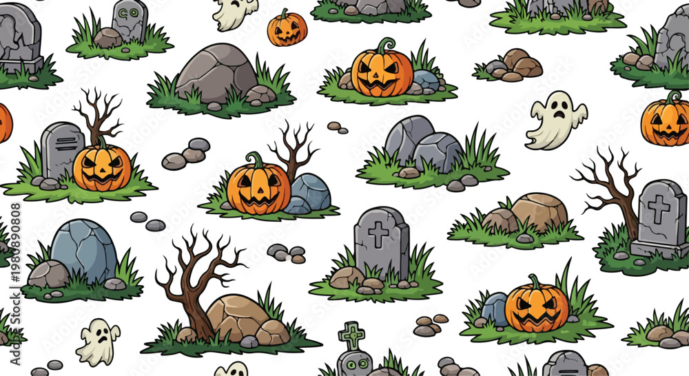 Spooky Halloween seamless pattern vector, cartoon graveyard cemetery ...