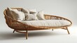 © Hamayoon - Daybed made of woven rattan with soft beige cushions provides a comfortable seating solution for a modern living space and is showcased here on a clean white studio background without any occupants.