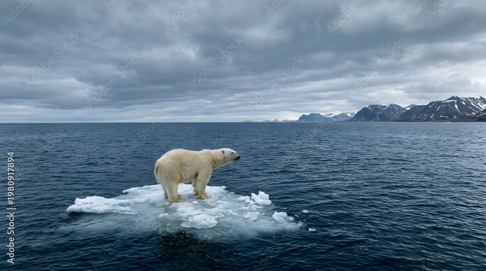 Polar bear standing on melting ice in ocean highlighting climate change ...