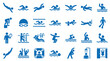 © Iconique Studio - Collection of blue swimming icons representing various aquatic activities and pool related elements for sports and leisure concepts
