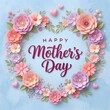 © Cealv - A vibrant 3d paper cut floral heart frames 'happy mother's day' lettering, expressing love on a soft blue background. Typography / Calligraphy text