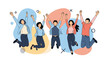© Naim - Group of diverse happy young people jumping for joy against a colorful abstract background with geometric shapes.