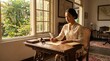 © JL - Serene woman in traditional attire diligently writing with a quill by a sunlit arched window, capturing a moment of historical reflection