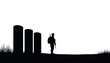 © Irina - Soldier walking with a weapon silhouetted by gravestones at dusk. Victory Day