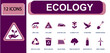 © Mellisa - Ecology icon set. Containing bike lane, eco care, electric car, flower plant, flying bird, recycle logo, solar panel, tree silhouette, wind turbine and more. Solid fill vector icons.