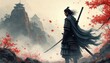 © miss irine - Japanese samurai warrior stands on rocky mountain path with red maple leaves falling. Ancient castle building on peak shrouded in mist. Warrior wears traditional armor and holds katana sword.